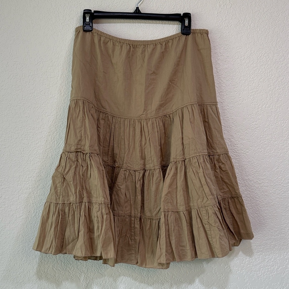 Tiered Cotton Midi Skirt Tan Prairie Cottagecore Elastic Waist Size 10